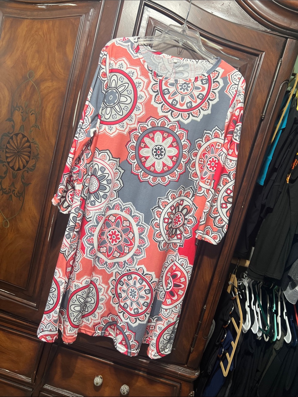Coral and Gray Medallion Midi Dress